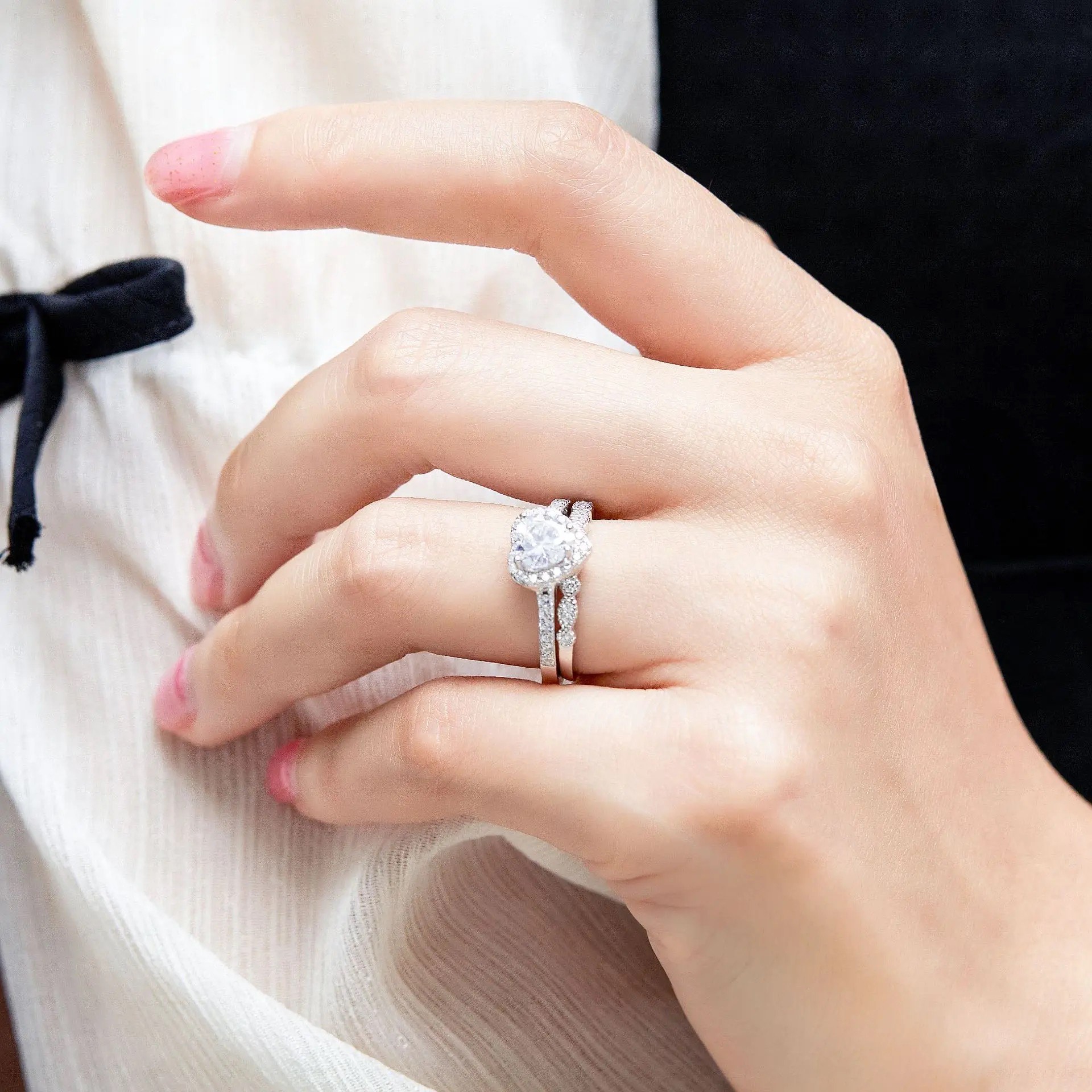 ST 018 sterling silver rings bridal heart shaped diamond zircon set