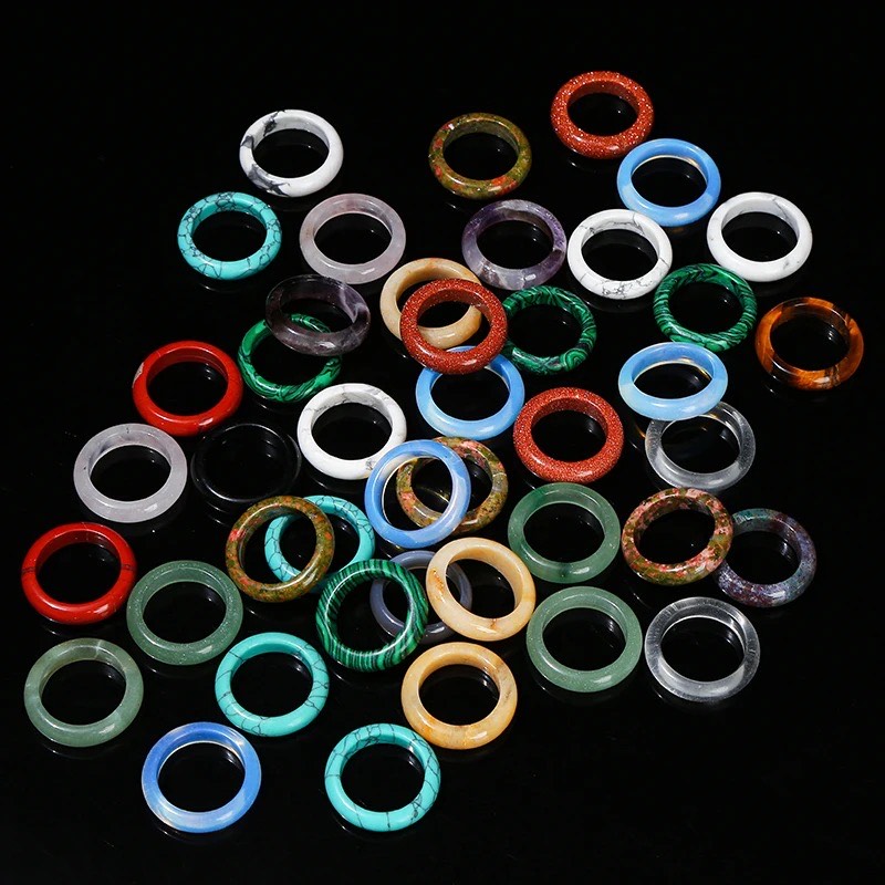 ST 014 natural semi precious stones ring smoothy mixed colors green aventurine agate jade blue turquoise stone finger rings band