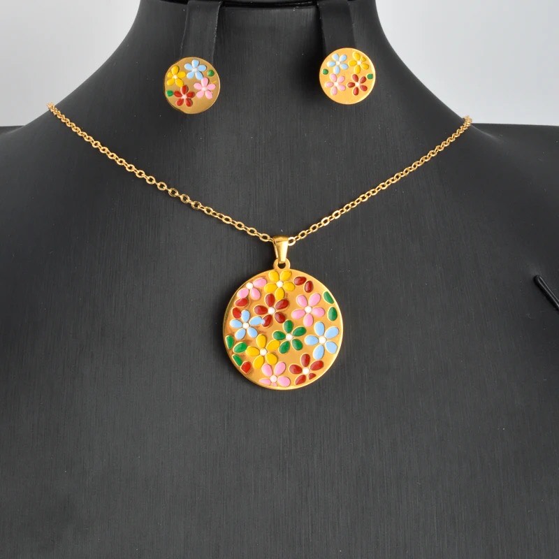 ST840 waterproof high quality 18k Pvd gold plated colorful flower stainless steel set for women necklace pendant earrings gift set jewelry